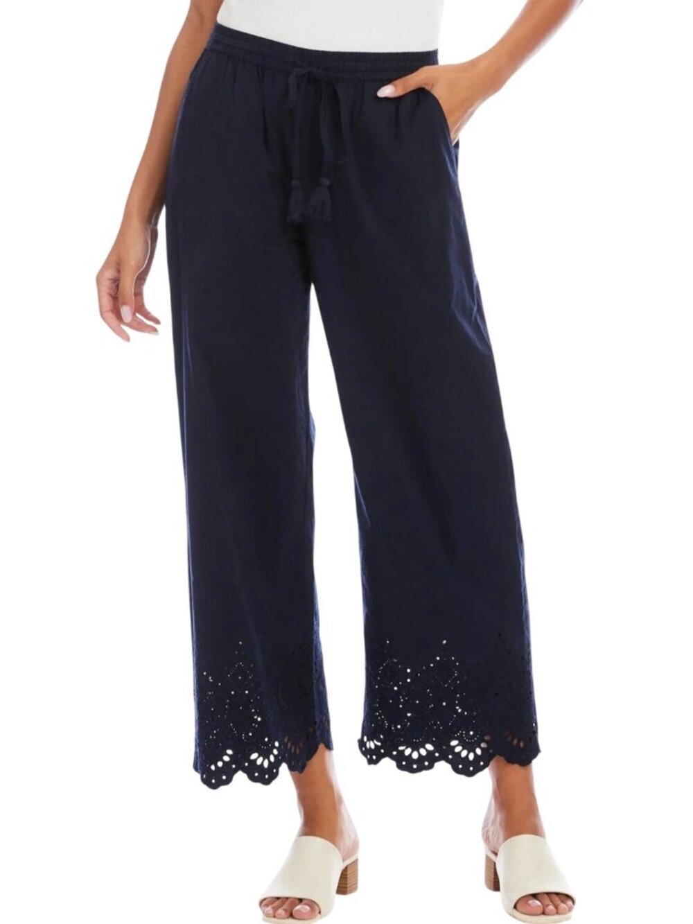 Cynthia Rowley NWOT Navy 100% Linen Crochet Hem Wide Leg Pull On Pants Size L